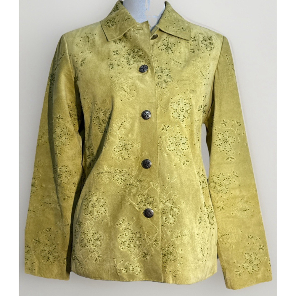 Vintage Chico's Design Women's Jacket Suede Leather Embroidered Green Size 0